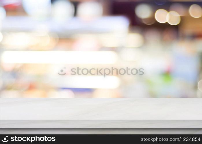 Empty white marble over blur cafe background, product and food display montage
