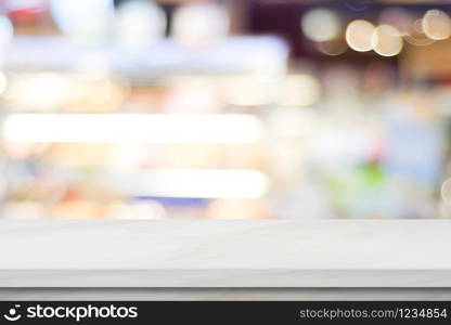 Empty white marble over blur cafe background, product and food display montage