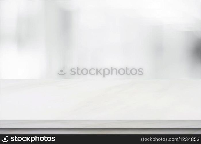 Empty white marble over blur store background, product and food display montage