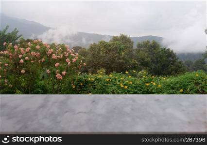 Empty white marble table over blurred background of blossoming beautiful garden , product display montage - Image