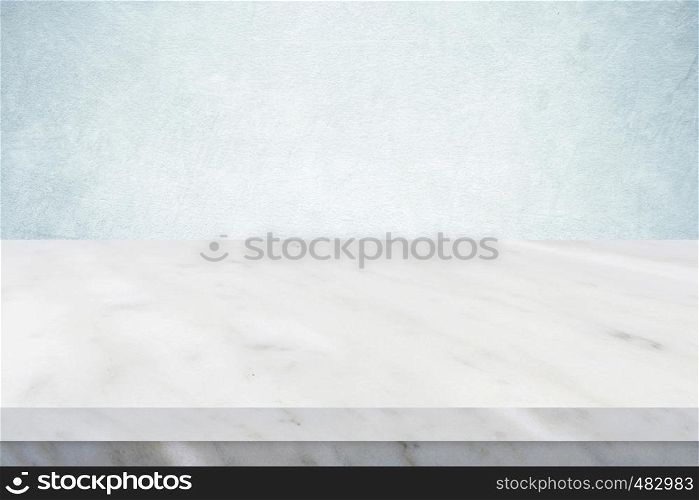 Empty white marble table over green cement wall background, banner, table top, shelf, counter design for product display montage