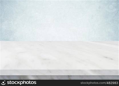 Empty white marble table over green cement wall background, banner, table top, shelf, counter design for product display montage
