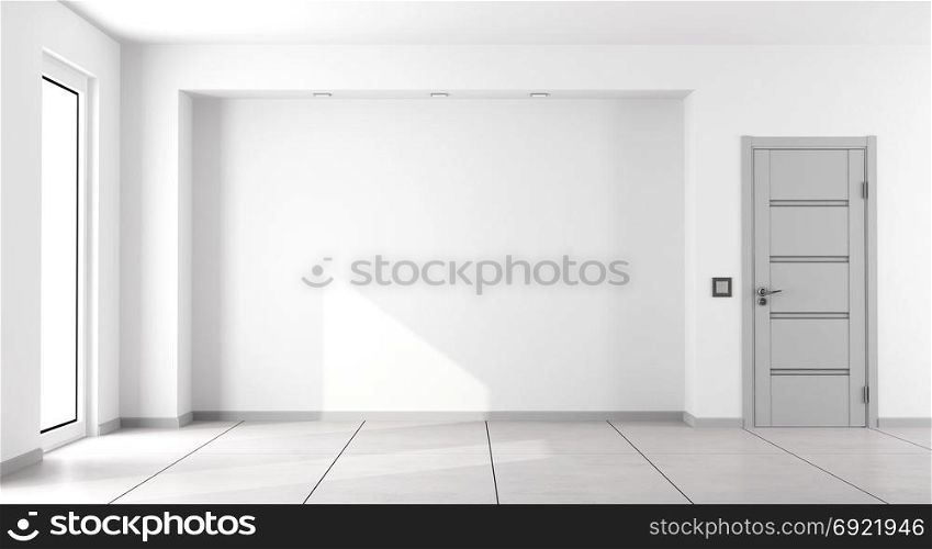 Empty white minimalist living room. Empty white minimalist living room with gray closed door and window - 3d rendering