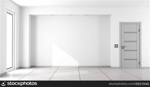 Empty white minimalist living room. Empty white minimalist living room with gray closed door and window - 3d rendering