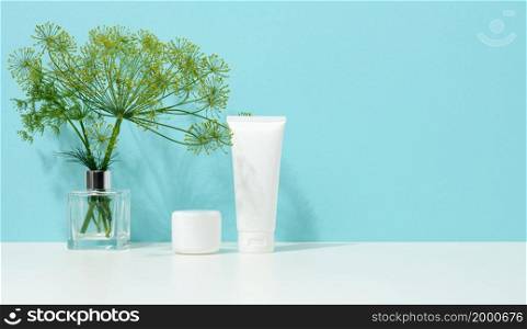 empty white plastic tube and jar for cosmetics. Packaging for cream, gel, serum, advertising and product promotion, mock up