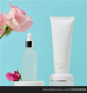 empty white plastic tubesand jar for cosmetics. Packaging for cream, gel, serum, advertising and product promotion, mock up