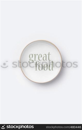 Empty white plate on white background, top view, flat lay. Empty white plate on white background, top view