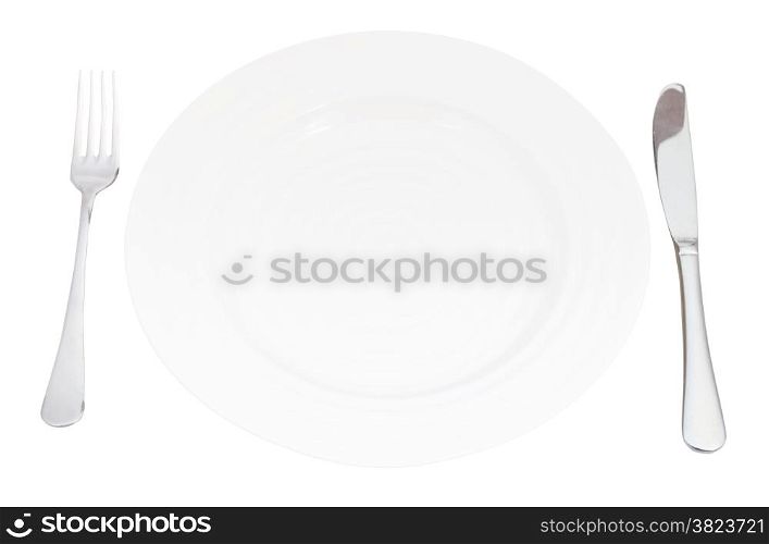 empty white plate with fork and knife set isolated on white background