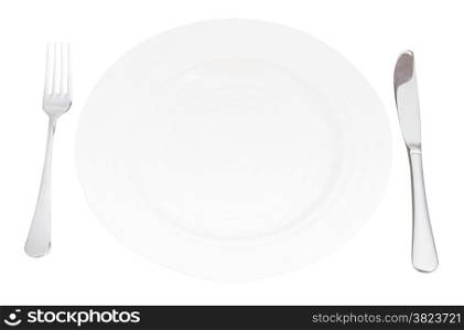 empty white plate with fork and knife set isolated on white background