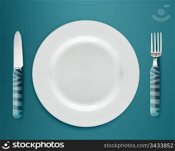empty white plate with knife and fork on blue background.