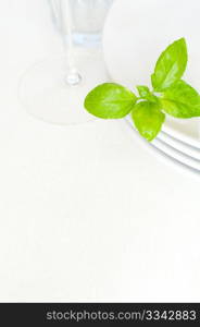 Empty White Plates With Basil Leaf and Wine Glass on Light Tablecloth