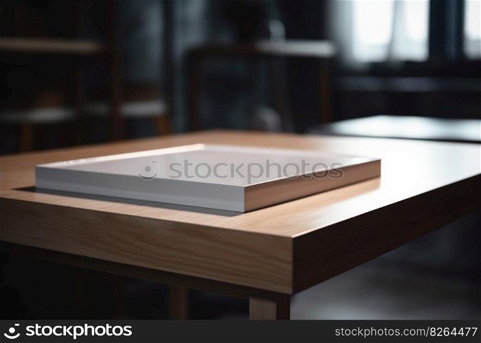 Empty white podium on the table at home. Copy space for your object, product, cosmetic presentation. Modern mockup. Generative AI. Empty white podium on the table at home. Copy space for your object, product, cosmetic presentation. Modern mockup. Generative AI.