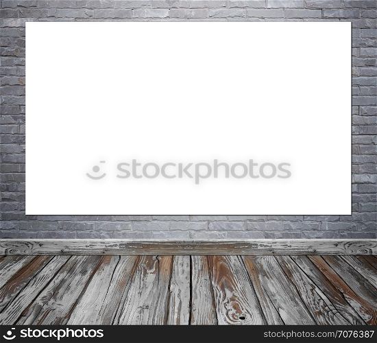 Empty white poster in room interior with brick wall and wood floor background