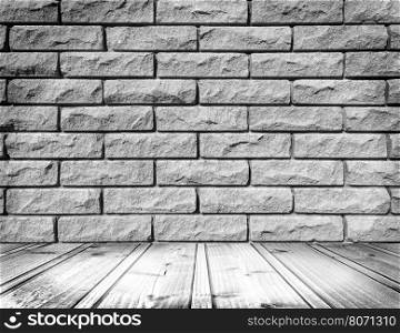 empty white room interior with brick wall and wood floor. White Room Interior With Brick Wall And Wood Floor
