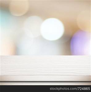 Empty white table and blurred abstract bokeh light background, product display montage, template