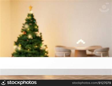Empty white table top and blurred Christmas interior on the background. Xmas time. Copy space for your object, product, food presentation. 3D rendering. Empty white table top and blurred Christmas interior on the background. Xmas time. Copy space for your object, product, food presentation. 3D rendering.