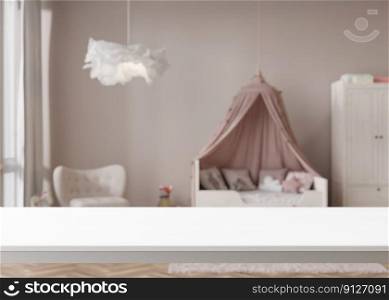 Empty white table top and blurred kids room interior on the background. Copy space for your object, product presentation. 3D rendering. Empty white table top and blurred kids room interior on the background. Copy space for your object, product presentation. 3D rendering.
