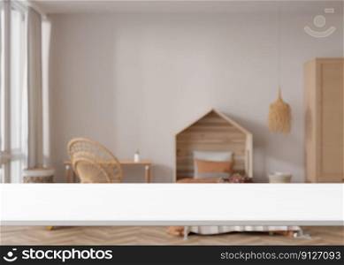 Empty white table top and blurred kids room interior on the background. Copy space for your object, product presentation. 3D rendering. Empty white table top and blurred kids room interior on the background. Copy space for your object, product presentation. 3D rendering.