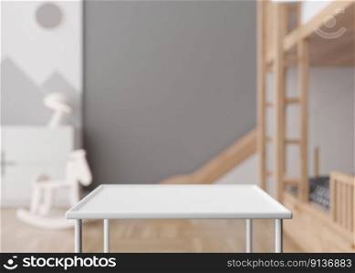 Empty white table top and blurred kids room interior on the background. Copy space for your object, product, toy presentation. Display, promotion, advertising. 3D rendering. Empty white table top and blurred kids room interior on the background. Copy space for your object, product, toy presentation. Display, promotion, advertising. 3D rendering.