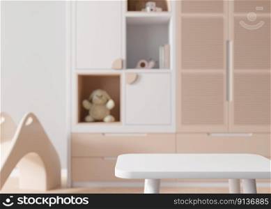 Empty white table top and blurred kids room interior on the background. Copy space for your object, product, toy presentation. Display, promotion, advertising. 3D rendering. Empty white table top and blurred kids room interior on the background. Copy space for your object, product, toy presentation. Display, promotion, advertising. 3D rendering.