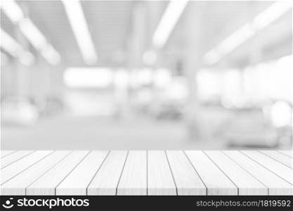 Empty white table top, counter over blur white bokeh light background. wooden shelf for product display, banner or mockup.
