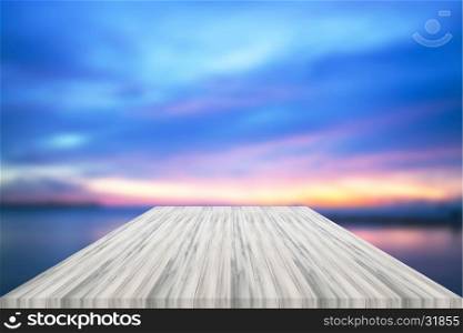 Empty white table top with sunset background. For product display