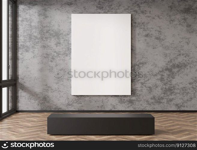 Empty white vertical canvas on concrete wall in modern art gallery. Mock up interior in contemporary style. Free, copy space for your picture. Exhibition space. 3D rendering. Empty white vertical canvas on concrete wall in modern art gallery. Mock up interior in contemporary style. Free, copy space for your picture. Exhibition space. 3D rendering.