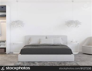 Empty white wall in modern and cozy bedroom. Mock up interior in contemporary style. Free, copy space for your picture, text, or another design. Bed, l&s. 3D rendering. Empty white wall in modern and cozy bedroom. Mock up interior in contemporary style. Free, copy space for your picture, text, or another design. Bed, l&s. 3D rendering.
