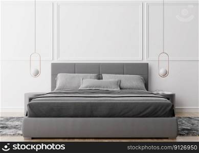 Empty white wall in modern and cozy bedroom. Mock up interior in minimalist, contemporary style. Free, copy space for your picture, text, or another design. Bed, l&s. 3D rendering. Empty white wall in modern and cozy bedroom. Mock up interior in minimalist, contemporary style. Free, copy space for your picture, text, or another design. Bed, l&s. 3D rendering.