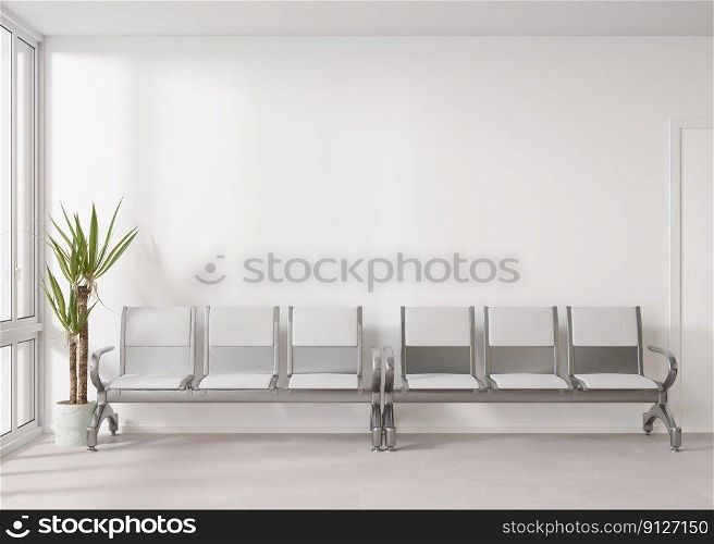 Empty white wall in modern art gallery. Mock up interior in minimalist style. Free, copy space for your artwork, picture, text, or another design. Empty exhibition space. 3D rendering. Empty white wall in modern public space. Mock up for advertisement. Free, copy space for your billboard. White waiting room with empty space for signboard, poster. 3D rendering.