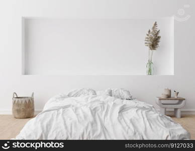 Empty white wall in modern bedroom. Mock up interior in scandinavian, boho style. Free, copy space for your picture, text, or another design. Bed, rattan basket, p&as grass. 3D rendering. Empty white wall in modern bedroom. Mock up interior in scandinavian, boho style. Free, copy space for your picture, text, or another design. Bed, rattan basket, p&as grass. 3D rendering.