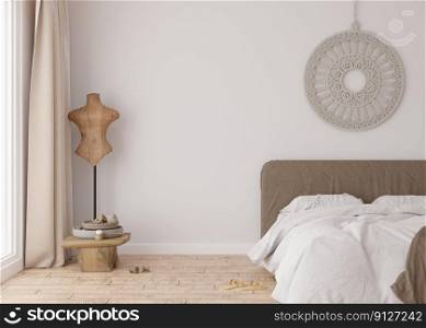 Empty white wall in modern bedroom. Mock up interior in scandinavian, boho style. Free, copy space for your picture, text, or another design. Bed, macrame. 3D rendering. Empty white wall in modern bedroom. Mock up interior in scandinavian, boho style. Free, copy space for your picture, text, or another design. Bed, macrame. 3D rendering.