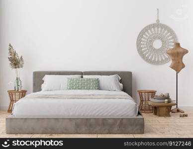 Empty white wall in modern bedroom. Mock up interior in scandinavian, boho style. Free, copy space for your picture, text, or another design. Bed, macrame, p&as grass. 3D rendering. Empty white wall in modern bedroom. Mock up interior in scandinavian, boho style. Free, copy space for your picture, text, or another design. Bed, macrame, p&as grass. 3D rendering.