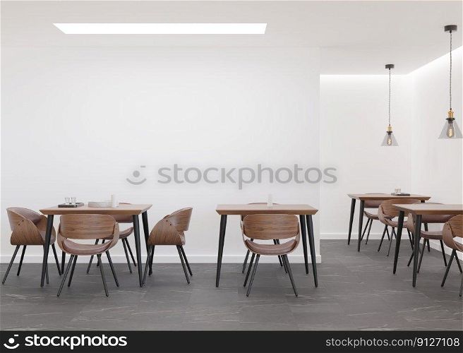 Empty white wall in modern cafe. Mock up restaurant interior in contemporary style. Free, copy space for your advertising banner, artwork, picture, text, or other design. Empty space. 3D rendering. Empty white wall in modern cafe. Mock up restaurant interior in contemporary style. Free, copy space for your advertising banner, artwork, picture, text, or other design. Empty space. 3D rendering.