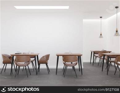 Empty white wall in modern cafe. Mock up restaurant interior in contemporary style. Free, copy space for your advertising banner, artwork, picture, text, or other design. Empty space. 3D rendering. Empty white wall in modern cafe. Mock up restaurant interior in contemporary style. Free, copy space for your advertising banner, artwork, picture, text, or other design. Empty space. 3D rendering.