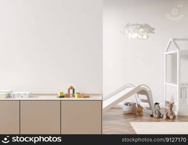 Empty white wall in modern child room. Mock up interior in contemporary, scandinavian style. Copy space for your picture or poster. Bed, sideboard, toys. Cozy room for kids. 3D rendering. Empty white wall in modern child room. Mock up interior in contemporary, scandinavian style. Copy space for your picture or poster. Bed, sideboard, toys. Cozy room for kids. 3D rendering.