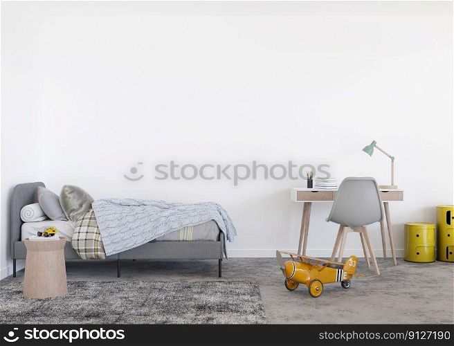 Empty white wall in modern child room. Mock up interior in contemporary, scandinavian style. Copy space for your picture or poster. Bed, desk, toys. Cozy room for kids. 3D rendering. Empty white wall in modern child room. Mock up interior in contemporary, scandinavian style. Copy space for your picture or poster. Bed, desk, toys. Cozy room for kids. 3D rendering.