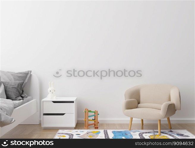 Empty white wall in modern child room. Mock up interior in contemporary style. Free space, copy space for your picture, text, or another design. Bed, armchair, toys. Cozy room for kids. 3D rendering. Empty white wall in modern child room. Mock up interior in contemporary style. Free space, copy space for your picture, text, or another design. Bed, armchair, toys. Cozy room for kids. 3D rendering.