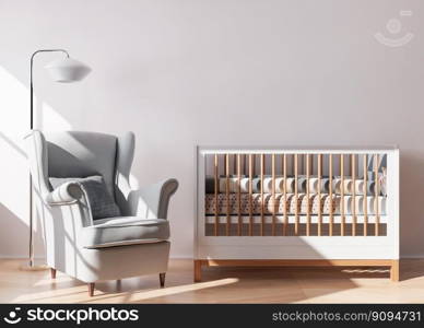 Empty white wall in modern child room. Mock up interior in contemporary style. Free space, copy space for your picture, text, or another design. Baby bed, armchair. Cozy room for kids. 3D rendering. Empty white wall in modern child room. Mock up interior in contemporary style. Free space, copy space for your picture, text, or another design. Baby bed, armchair. Cozy room for kids. 3D rendering.
