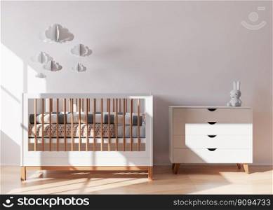 Empty white wall in modern child room. Mock up interior in contemporary style. Free space, copy space for your picture, text, or another design. Baby bed, console. Cozy room for kids. 3D rendering. Empty white wall in modern child room. Mock up interior in contemporary style. Free space, copy space for your picture, text, or another design. Baby bed, console. Cozy room for kids. 3D rendering.