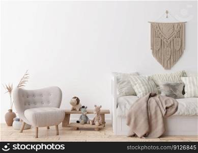 Empty white wall in modern child room. Mock up interior in scandinavian, boho style. Free, copy space for your picture, poster. Bed, dried grass, vase, macrame, toys. Cozy room for kids. 3D rendering. Empty white wall in modern child room. Mock up interior in scandinavian, boho style. Free, copy space for your picture, poster. Bed, dried grass, vase, macrame, toys. Cozy room for kids. 3D rendering.