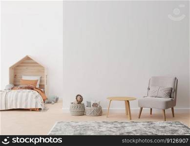 Empty white wall in modern child room. Mock up interior in scandinavian, boho style. Copy space for your picture or poster. Bed, armchair, toys, rattan basket. Cozy room for kids. 3D rendering. Empty white wall in modern child room. Mock up interior in scandinavian, boho style. Copy space for your picture or poster. Bed, armchair, toys, rattan basket. Cozy room for kids. 3D rendering.