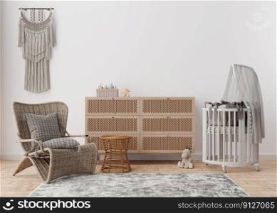 Empty white wall in modern child room. Mock up interior in scandinavian, boho style. Copy space for your picture or poster. Console, rattan armchair, toys, macrame. Cozy room for baby. 3D rendering. Empty white wall in modern child room. Mock up interior in scandinavian, boho style. Copy space for your picture or poster. Console, rattan armchair, toys, macrame. Cozy room for baby. 3D rendering.