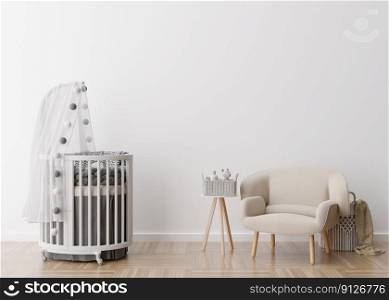 Empty white wall in modern child room. Mock up interior in scandinavian style. Free, copy space for your picture, poster. Baby bed, armchair. Cozy room for kids. 3D rendering. Empty white wall in modern child room. Mock up interior in scandinavian style. Free, copy space for your picture, poster. Baby bed, armchair. Cozy room for kids. 3D rendering.