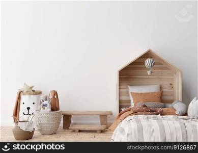 Empty white wall in modern child room. Mock up interior in scandinavian style. Free, copy space for your picture, poster. Bed, rattan basket, toys. Cozy room for kids. 3D rendering. Empty white wall in modern child room. Mock up interior in scandinavian style. Free, copy space for your picture, poster. Bed, rattan basket, toys. Cozy room for kids. 3D rendering.