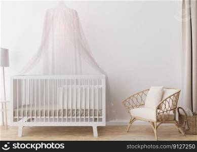 Empty white wall in modern child room. Mock up interior in scandinavian style. Copy space for your picture or poster. Bed, rattan armchair. Cozy room for kids. 3D rendering. Empty white wall in modern child room. Mock up interior in scandinavian style. Copy space for your picture or poster. Bed, rattan armchair. Cozy room for kids. 3D rendering.