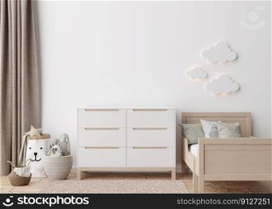 Empty white wall in modern child room. Mock up interior in scandinavian style. Copy space for your picture or poster. Bed, sideboard, toys. Cozy room for kids. 3D rendering. Empty white wall in modern child room. Mock up interior in scandinavian style. Copy space for your picture or poster. Bed, sideboard, toys. Cozy room for kids. 3D rendering.