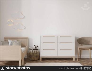 Empty white wall in modern child room. Mock up interior in scandinavian style. Copy space for your picture or poster. Bed, chair, rattan basket, sideboard, toys. Cozy room for kids. 3D rendering. Empty white wall in modern child room. Mock up interior in scandinavian style. Copy space for your picture or poster. Bed, chair, rattan basket, sideboard, toys. Cozy room for kids. 3D rendering.