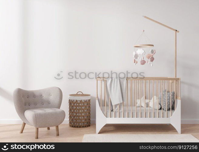 Empty white wall in modern child room. Mock up interior in scandinavian style. Copy space for your picture or poster. Bed, armchair, rattan basket. Cozy room for kids. 3D rendering. Empty white wall in modern child room. Mock up interior in scandinavian style. Copy space for your picture or poster. Bed, armchair, rattan basket. Cozy room for kids. 3D rendering.