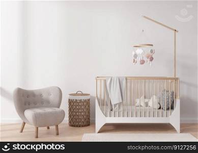Empty white wall in modern child room. Mock up interior in scandinavian style. Copy space for your picture or poster. Bed, armchair, rattan basket. Cozy room for kids. 3D rendering. Empty white wall in modern child room. Mock up interior in scandinavian style. Copy space for your picture or poster. Bed, armchair, rattan basket. Cozy room for kids. 3D rendering.